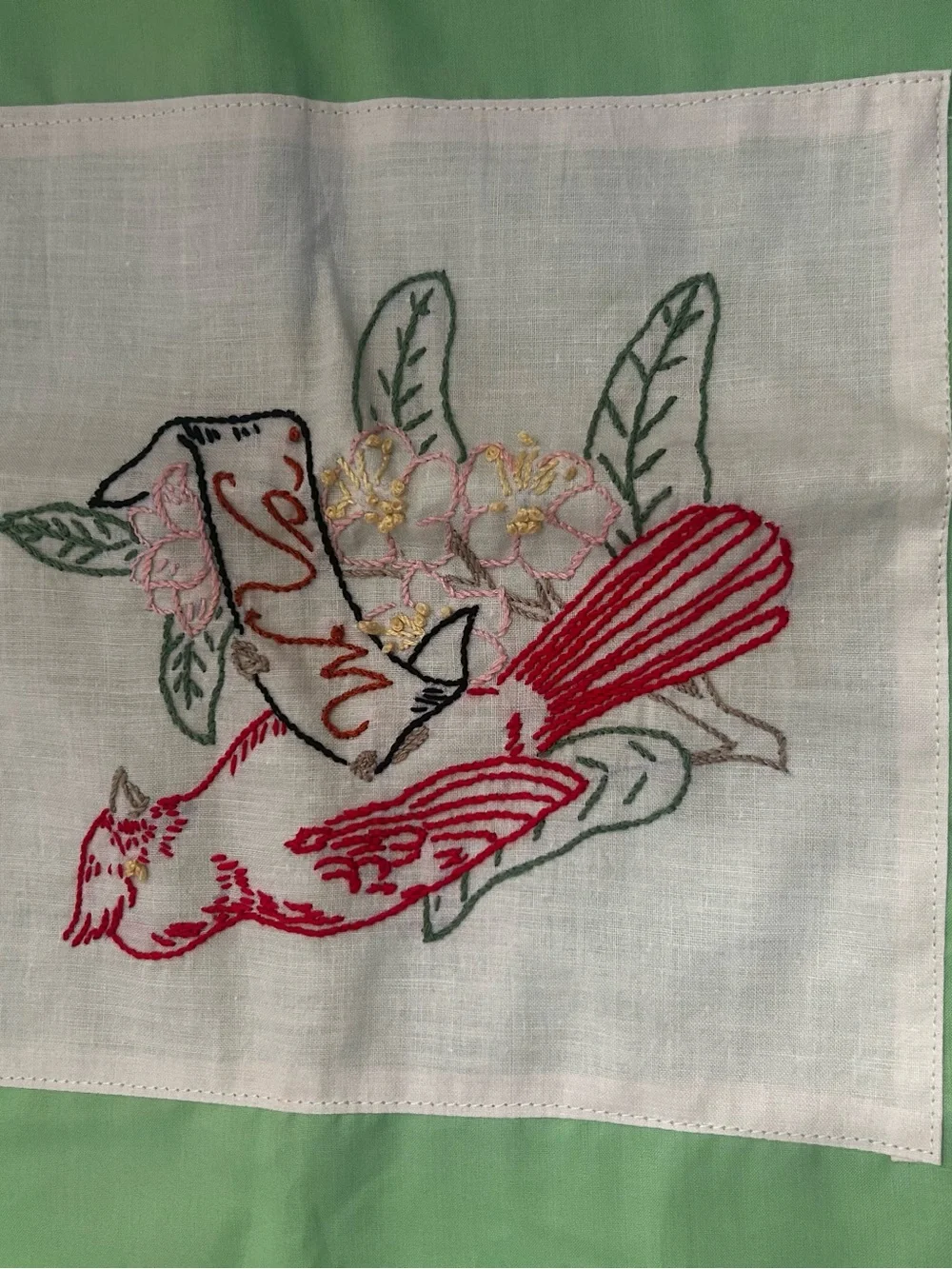 2 Vintage Embroidered Cardinal Pillowcase Shams - Mint Green
